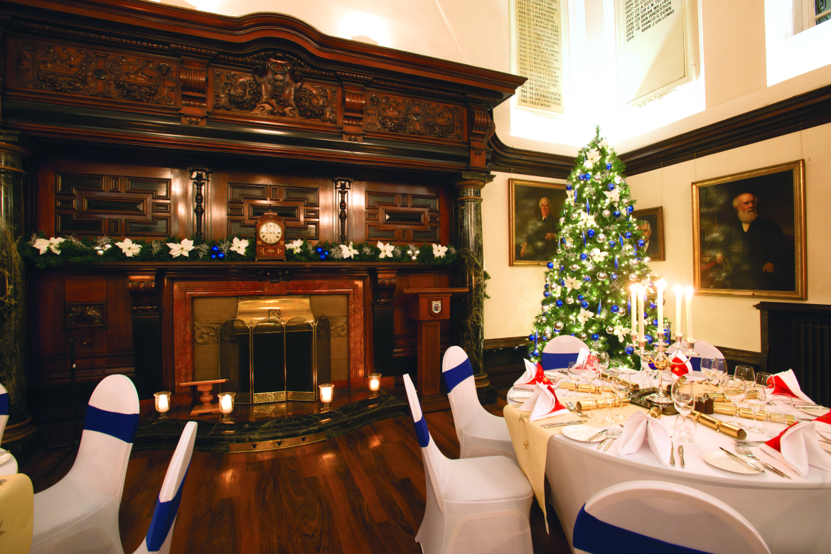 college hall dressed for christmas